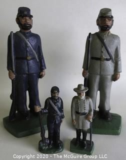 Pair of Civil War "Blue And Gray" Cast Iron Painted Figures and Book Ends; large set are 7 1/2" tall; smaller set are 3 1/2" tall.  