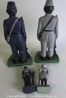 Pair of Civil War "Blue And Gray" Cast Iron Painted Figures and Book Ends; large set are 7 1/2" tall; smaller set are 3 1/2" tall.  