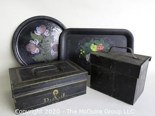 Group for 4 Vintage Metal Items.  Includes 2 Tole Painted Trays and 2 Bank Boxes.