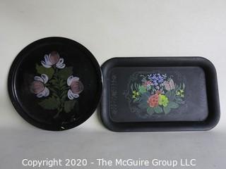 Group for 4 Vintage Metal Items.  Includes 2 Tole Painted Trays and 2 Bank Boxes.