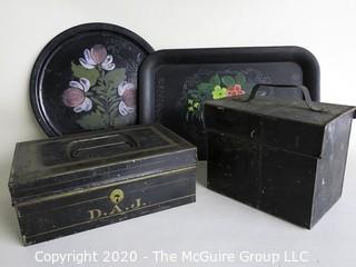 Group for 4 Vintage Metal Items.  Includes 2 Tole Painted Trays and 2 Bank Boxes.