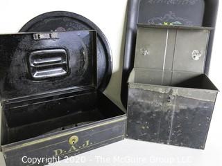 Group for 4 Vintage Metal Items.  Includes 2 Tole Painted Trays and 2 Bank Boxes.