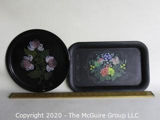 Group for 4 Vintage Metal Items.  Includes 2 Tole Painted Trays and 2 Bank Boxes.