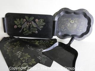 Group of Black Tole Painted Items.  Various Materials Including Metal, Wood and Paper. 