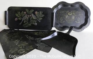 Group of Black Tole Painted Items.  Various Materials Including Metal, Wood and Paper. 