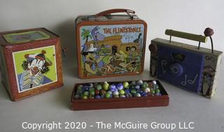 Four Vintage Children's Items.  Includes Box of Marbles, Lunch Box, Jack in the Box and Fisher Price Music Box. 