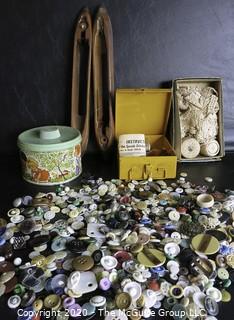 Group of Vintage Sewing Accessories. Includes a Large Collection of Buttons, Shuttles, Lace Trim & Wood Handle Stitcher.  