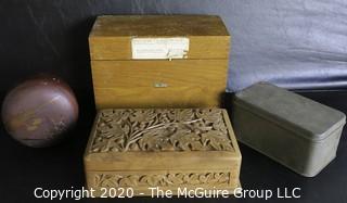 Group of Four Boxes.  Includes Wood File Box, Carved Card Box, Dome Lid Lacquer Box and Tin Box with Hinge Lid.