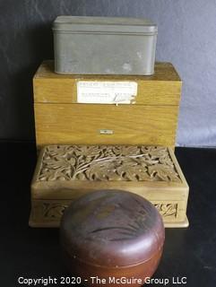 Group of Four Boxes.  Includes Wood File Box, Carved Card Box, Dome Lid Lacquer Box and Tin Box with Hinge Lid.