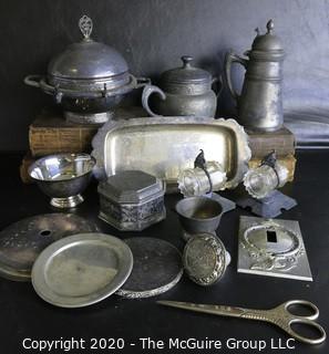 Large Group of Metal Serving Items. Includes Pewter Made by Various Makers and Some Quadruple Plate.  