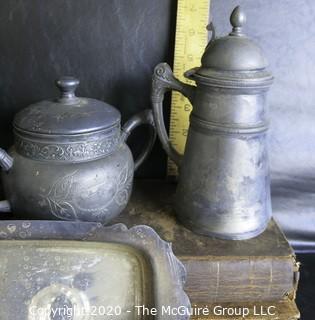 Large Group of Metal Serving Items. Includes Pewter Made by Various Makers and Some Quadruple Plate.  