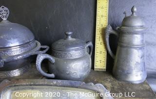 Large Group of Metal Serving Items. Includes Pewter Made by Various Makers and Some Quadruple Plate.  