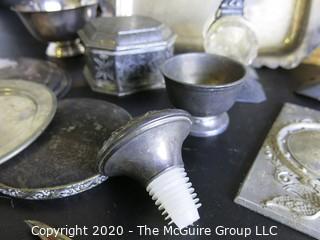 Large Group of Metal Serving Items. Includes Pewter Made by Various Makers and Some Quadruple Plate.  