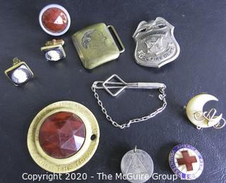 Small Group of Miscellaneous Items.  Includes Brooches, Charms, Belt Buckles, Etc. 