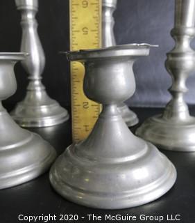 Group of 11 Pewter Candle Sticks.  Makers Include Wpodbury Pewter and Crown & Rose Cast Pewter from England.  