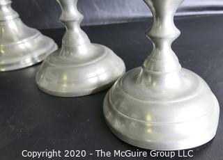 Group of 11 Pewter Candle Sticks.  Makers Include Wpodbury Pewter and Crown & Rose Cast Pewter from England.  