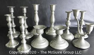 Group of 11 Pewter Candle Sticks.  Makers Include Wpodbury Pewter and Crown & Rose Cast Pewter from England.  