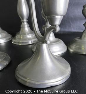 Group of 11 Pewter Candle Sticks.  Makers Include Wpodbury Pewter and Crown & Rose Cast Pewter from England.  