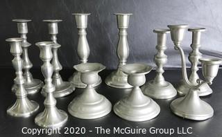 Group of 11 Pewter Candle Sticks.  Makers Include Wpodbury Pewter and Crown & Rose Cast Pewter from England.  