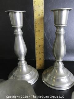 Group of 11 Pewter Candle Sticks.  Makers Include Wpodbury Pewter and Crown & Rose Cast Pewter from England.  