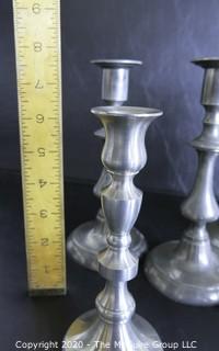 Group of 11 Pewter Candle Sticks.  Makers Include Wpodbury Pewter and Crown & Rose Cast Pewter from England.  