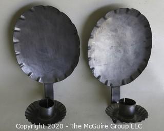 Two Primitive Pewter Wall Sconce Candle Holders. 