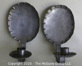 Two Primitive Pewter Wall Sconce Candle Holders. 