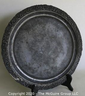 Round Pewter Tray with Floral Relief Edge.  Measures approximately 12".