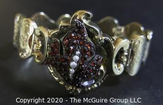 Antique 14Kt Gold Link (unmarked, but tested) Bracelet with Garnet and Pearl Flower Center.  Measures approximately 6" long; total weight 18 grams. (Description altered 03.19 @ 4:29pm ET)