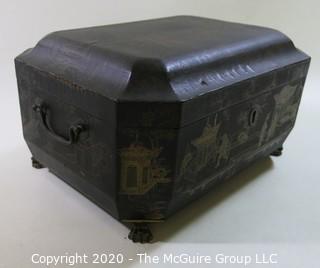 Antique 19th Century Chinese Export Lacquer Wood Tea Box with Fitted Pewter Tea Canisters.  Measures approximately 5 3/4" tall, 14" wide & 8" deep