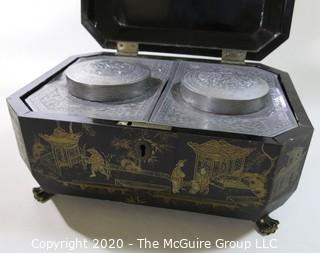 Antique 19th Century Chinese Export Lacquer Wood Tea Box with Fitted Pewter Tea Canisters.  Measures approximately 5 3/4" tall, 14" wide & 8" deep