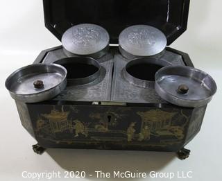 Antique 19th Century Chinese Export Lacquer Wood Tea Box with Fitted Pewter Tea Canisters.  Measures approximately 5 3/4" tall, 14" wide & 8" deep