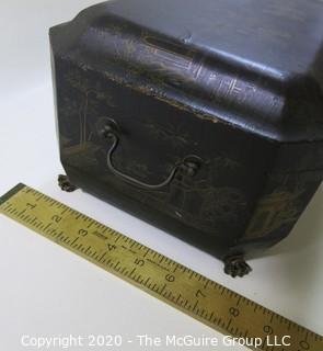 Antique 19th Century Chinese Export Lacquer Wood Tea Box with Fitted Pewter Tea Canisters.  Measures approximately 5 3/4" tall, 14" wide & 8" deep