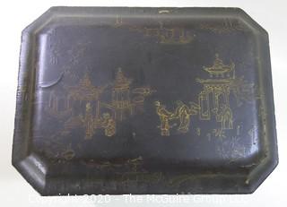 Antique 19th Century Chinese Export Lacquer Wood Tea Box with Fitted Pewter Tea Canisters.  Measures approximately 5 3/4" tall, 14" wide & 8" deep