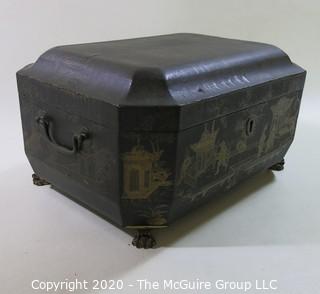 Antique 19th Century Chinese Export Lacquer Wood Tea Box with Fitted Pewter Tea Canisters.  Measures approximately 5 3/4" tall, 14" wide & 8" deep