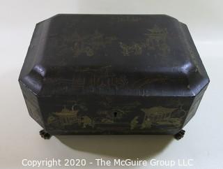 Antique 19th Century Chinese Export Lacquer Wood Tea Box with Fitted Pewter Tea Canisters.  Measures approximately 5 3/4" tall, 14" wide & 8" deep