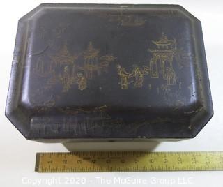 Antique 19th Century Chinese Export Lacquer Wood Tea Box with Fitted Pewter Tea Canisters.  Measures approximately 5 3/4" tall, 14" wide & 8" deep