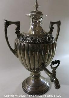 Victorian Ornate Silver Plate Coffee Urn. Measures approximately 14 1/2" tall. Note the numerous hallmarks on the base