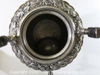 Victorian Ornate Silver Plate Coffee Urn. Measures approximately 14 1/2" tall. Note the numerous hallmarks on the base