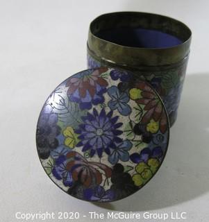 Antique Asian Cloisonne Collection: One Round (3" tall and 3" in diameter)and One Rectangular with a Hinged Lid(3 1/2" long, 3" wide and 2" tall); rectangular open top box and a small plate/tray.  See all photos