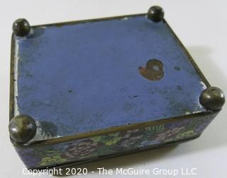 Antique Asian Cloisonne Collection: One Round (3" tall and 3" in diameter)and One Rectangular with a Hinged Lid(3 1/2" long, 3" wide and 2" tall); rectangular open top box and a small plate/tray.  See all photos