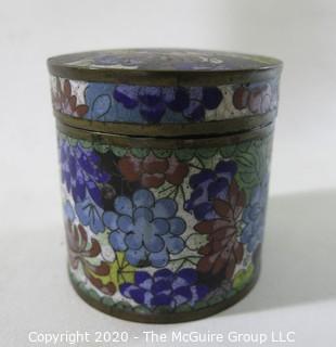 Antique Asian Cloisonne Collection: One Round (3" tall and 3" in diameter)and One Rectangular with a Hinged Lid(3 1/2" long, 3" wide and 2" tall); rectangular open top box and a small plate/tray.  See all photos