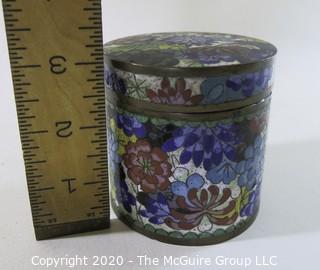 Antique Asian Cloisonne Collection: One Round (3" tall and 3" in diameter)and One Rectangular with a Hinged Lid(3 1/2" long, 3" wide and 2" tall); rectangular open top box and a small plate/tray.  See all photos