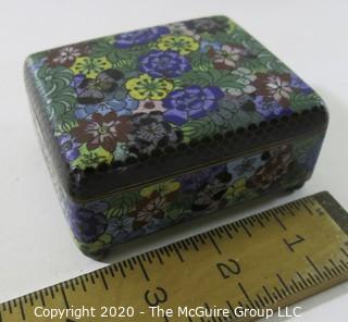 Antique Asian Cloisonne Collection: One Round (3" tall and 3" in diameter)and One Rectangular with a Hinged Lid(3 1/2" long, 3" wide and 2" tall); rectangular open top box and a small plate/tray.  See all photos