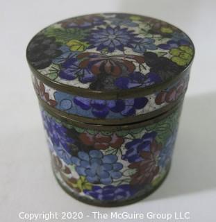 Antique Asian Cloisonne Collection: One Round (3" tall and 3" in diameter)and One Rectangular with a Hinged Lid(3 1/2" long, 3" wide and 2" tall); rectangular open top box and a small plate/tray.  See all photos