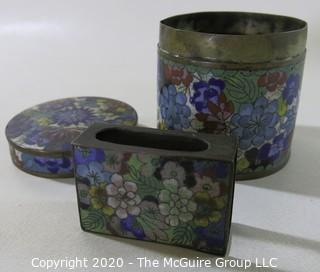 Antique Asian Cloisonne Collection: One Round (3" tall and 3" in diameter)and One Rectangular with a Hinged Lid(3 1/2" long, 3" wide and 2" tall); rectangular open top box and a small plate/tray.  See all photos