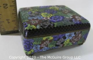 Antique Asian Cloisonne Collection: One Round (3" tall and 3" in diameter)and One Rectangular with a Hinged Lid(3 1/2" long, 3" wide and 2" tall); rectangular open top box and a small plate/tray.  See all photos