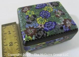 Antique Asian Cloisonne Collection: One Round (3" tall and 3" in diameter)and One Rectangular with a Hinged Lid(3 1/2" long, 3" wide and 2" tall); rectangular open top box and a small plate/tray.  See all photos