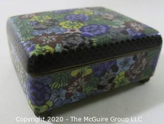 Antique Asian Cloisonne Collection: One Round (3" tall and 3" in diameter)and One Rectangular with a Hinged Lid(3 1/2" long, 3" wide and 2" tall); rectangular open top box and a small plate/tray.  See all photos