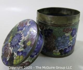 Antique Asian Cloisonne Collection: One Round (3" tall and 3" in diameter)and One Rectangular with a Hinged Lid(3 1/2" long, 3" wide and 2" tall); rectangular open top box and a small plate/tray.  See all photos